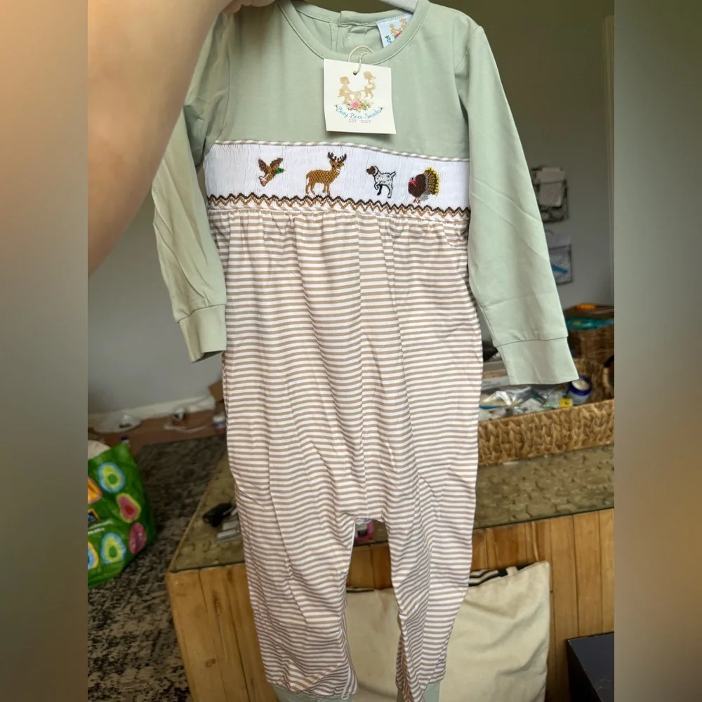Green and Beige Striped Smocked Hunting Romper with Woodland Smocking
